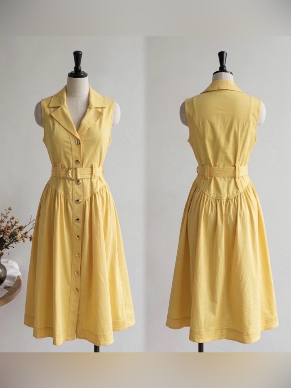 Belted Yellow Button-Front Midi Dress
